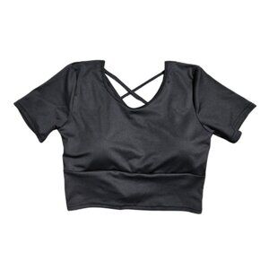 NIP | Black Padded Performance Crop Top | Short Sleeve | Criss-Cross Back | Larg
